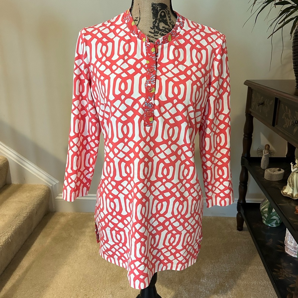 J. McLaughlin Pink Graphic Tunic with Mandarin Collar